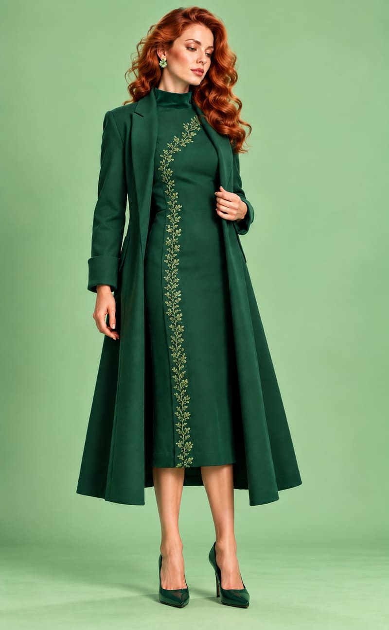 Langer Mantel und Kleid in Smaragdgrün mit floraler Stickerei am Kleid