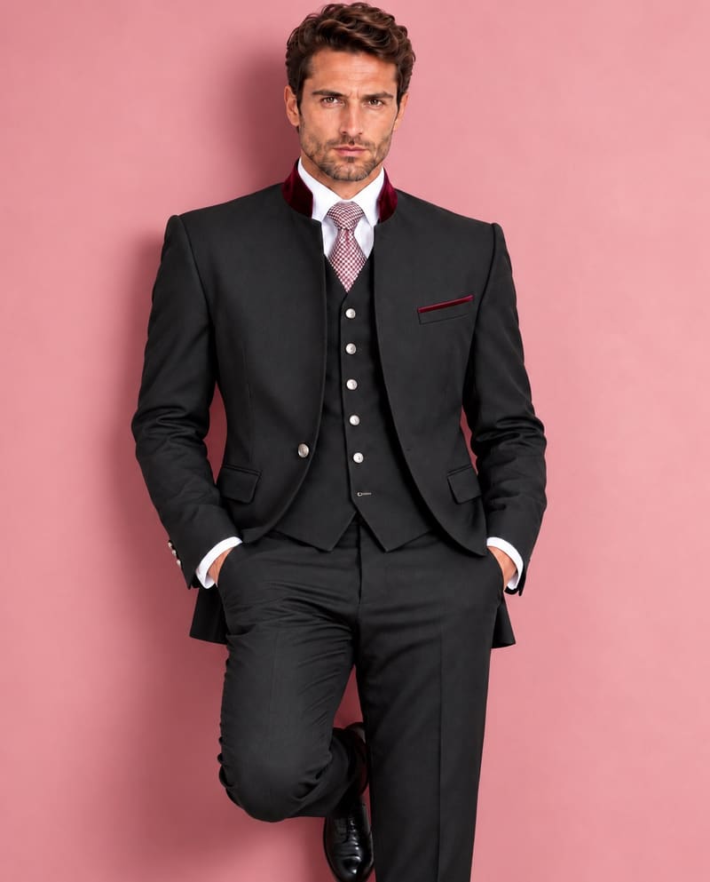 Mann in schwarzer Jacke mit bordeauxfarbenem Samtstehkragen, schwarzer Weste und Hose sowie weissem Hemd und Krawatte vor rosafarbenem Hintergrund