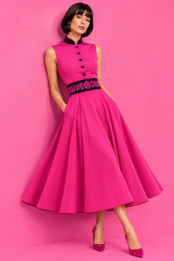 Ärmelloses ausgestelltes Kleid in Pink mit dunklem Samtstehkragen, Knopfleiste und floral besticktem Taillenband