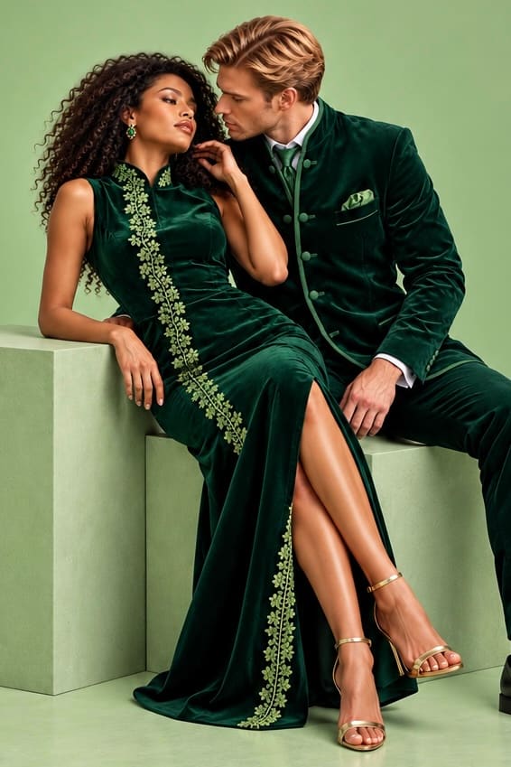 Ärmelloses grünes Samtkleid mit Stehkragen und floraler Stickerei, neben einem Mann im grünen Samtanzug